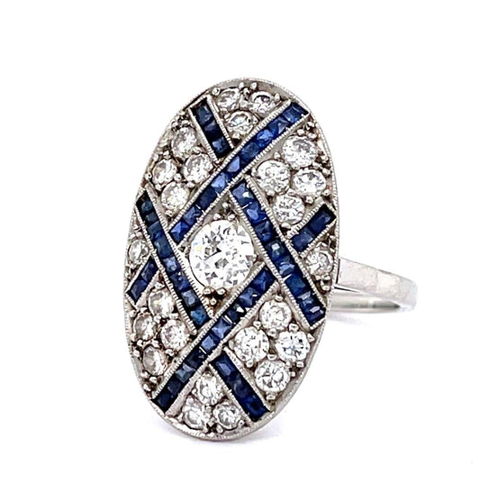 .23ct Old European Center Dia 1.20ct Sapphire Platinum Handmade Inspired Ring