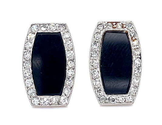 Art Deco .70ct (48 Diamonds) Onyx Stud PT+18KY Earrings (Antique 1920s) 3.52g 5/