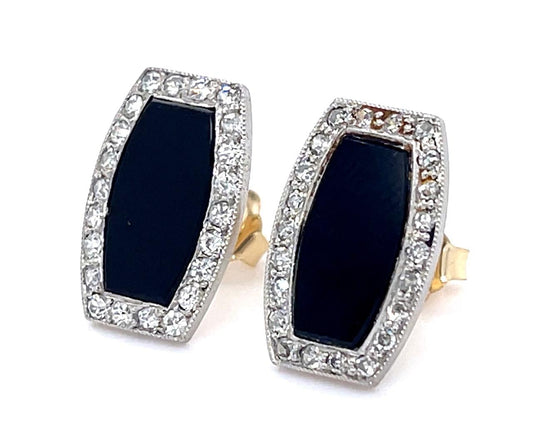 Art Deco .72ct Diamond Onyx Stud Earrings (Antique 1920s) 3.26g 5/6"