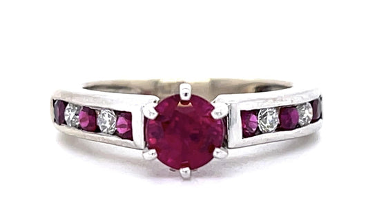 1ct Center Ruby .20ct Diamond 14KW Ring .46ct Side Ruby 4.17g 5.50 Size