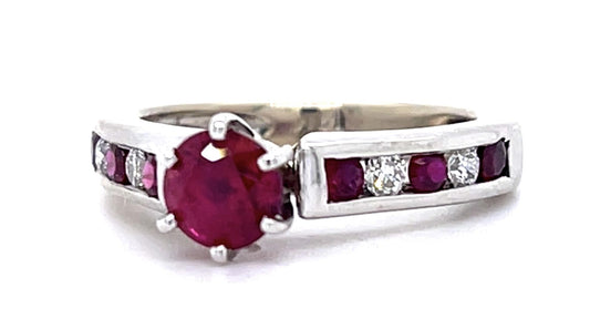 1ct Center Ruby .20ct Diamond 14KW Ring .46ct Side Ruby 4.17g 5.50 Size