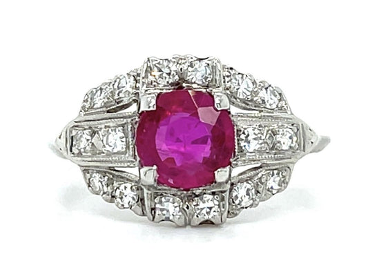 Art Deco .85ct Burma Ruby (No Cert) .40ct Diamond Platinum Ring (Vintage 1930s)