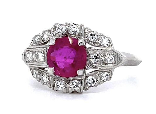 Art Deco .85ct Burma Ruby (No Cert) .40ct Diamond Platinum Ring (Vintage 1930s)