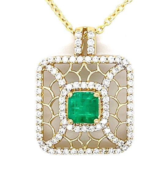 .90ct Emerald 1ct Diamond 18KY Pendant 7.37g 14KY Chain 16" Length