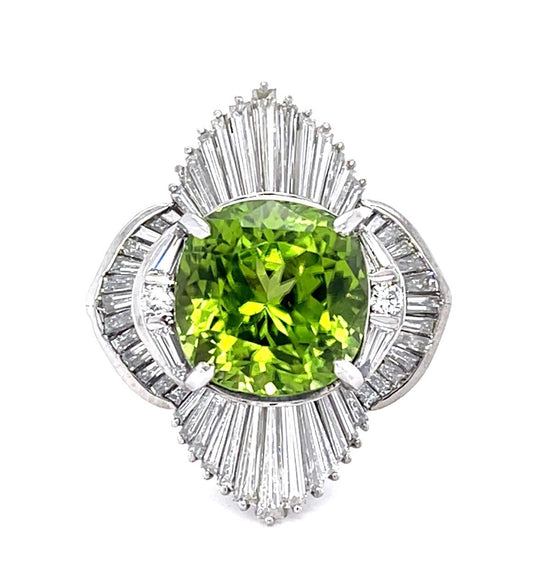 7.35ct Cushion Peridot 3.50ct Diamond Platinum Ballerina Ring 16g 6 Size