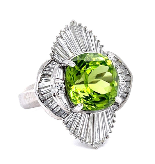 7.35ct Cushion Peridot 3.50ct Diamond Platinum Ballerina Ring 16g 6 Size