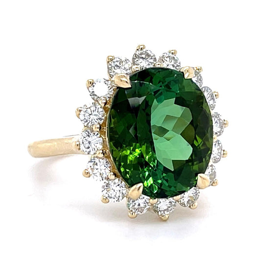 7.84ct Green Oval Tourmaline .96ct Diamond 14KY Ring 6.61g 6.75 Size