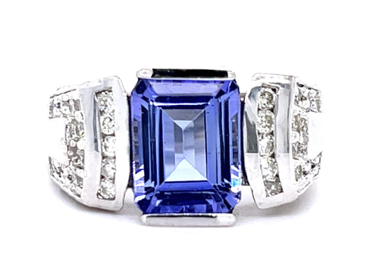 2.85ct Emerald Cut Tanzanite .58ct Diamond 14KW Ring 7.17g 6.75 Size