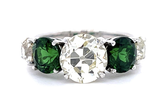 2.40ct Old European Diamond 2.95ct Tsavorite Platinum Five Stone Ring .90ct SD