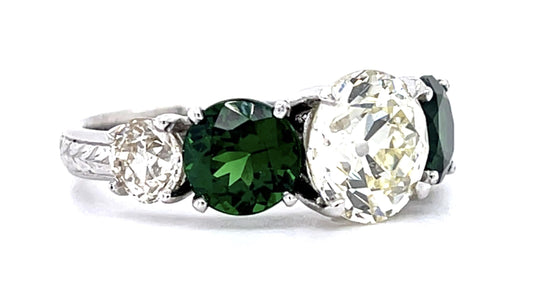 2.40ct Old European Diamond 2.95ct Tsavorite Platinum Five Stone Ring .90ct SD