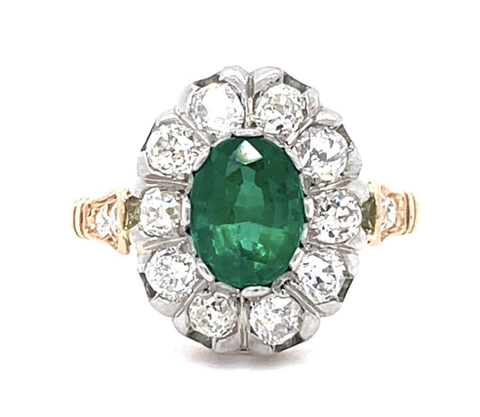 1.34ct Emerald 1.14ct Old Mine Diamond (12 Stones) 18KY+PT Handmade Ring 4.80g