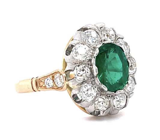 1.34ct Emerald 1.14ct Old Mine Diamond (12 Stones) 18KY+PT Handmade Ring 4.80g