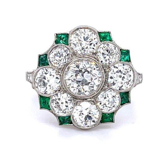 .70ct Old European Diamond .70ct Emerald Platinum Handmade Ring 2.20ct SD 5.54g