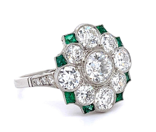 .70ct Old European Diamond .70ct Emerald Platinum Handmade Ring 2.20ct SD 5.54g