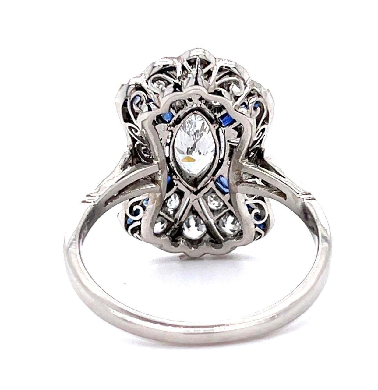 .51ct Marquise Dia .61ct Sapphire Platinum Handmade Ring .75ct Old European Dia