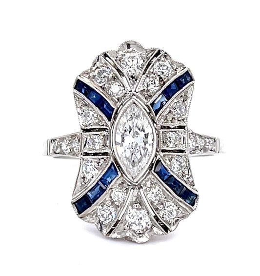 .51ct Marquise Dia .61ct Sapphire Platinum Handmade Ring .75ct Old European Dia
