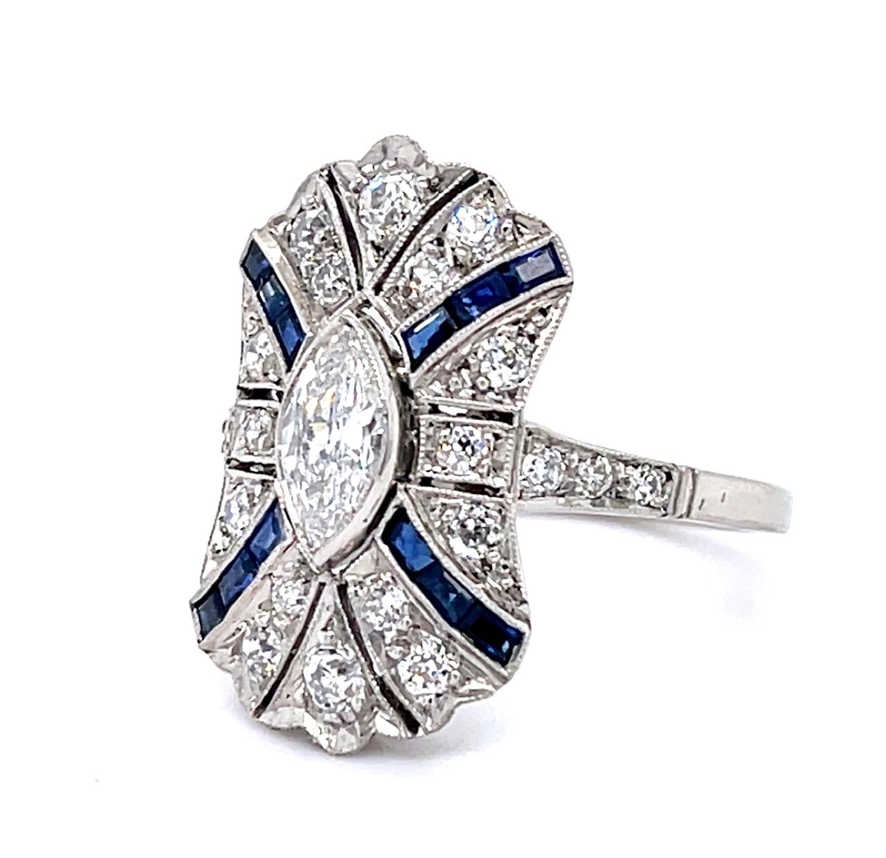 .51ct Marquise Dia .61ct Sapphire Platinum Handmade Ring .75ct Old European Dia