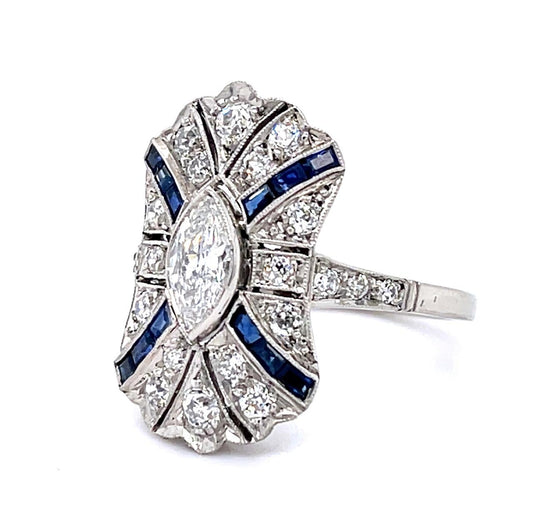 .51ct Marquise Dia .61ct Sapphire Platinum Handmade Ring .75ct Old European Dia