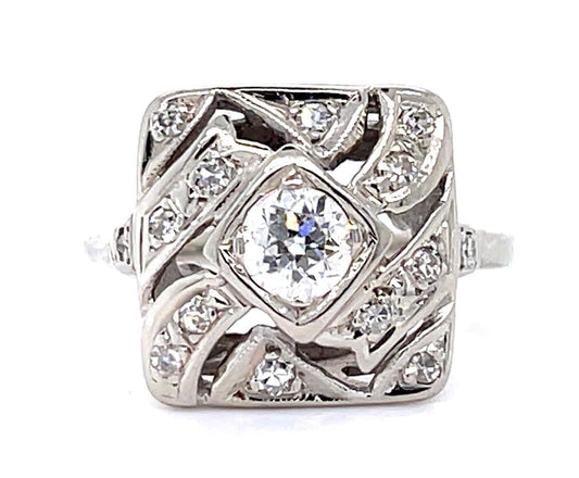 Art Deco .40ct Old European Diamond 14KW (Vintage 1930s) 3g 6.25 Size