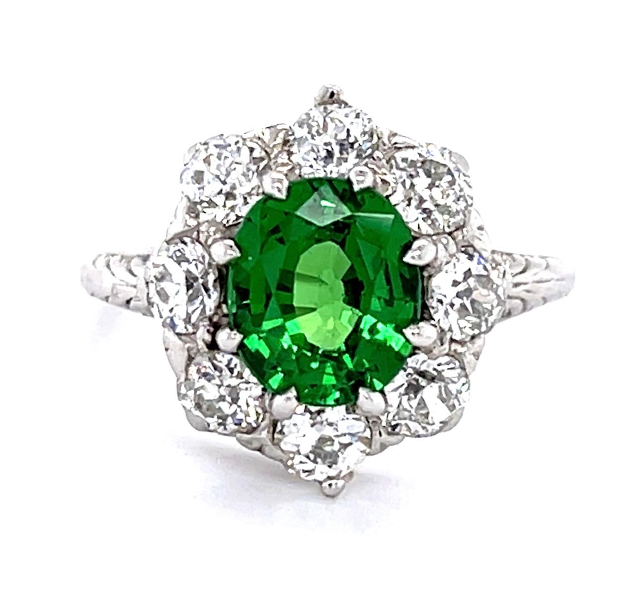 Edwardian 2.17ct Tsavorite Garnet 1.28ct Diamond PL18KW Ring (Antique 1910s)