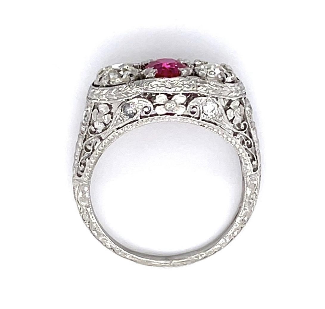 Art Deco .85ct Ruby .40ct (2 Old European Diamonds) PT Three Stone Ring