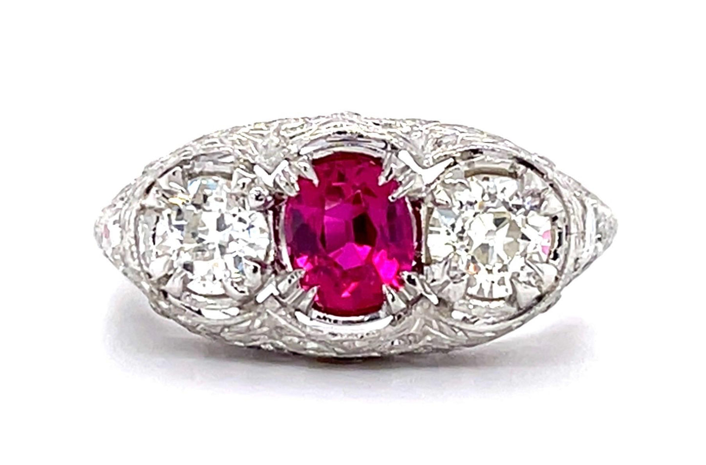 Art Deco .85ct Ruby .40ct (2 Old European Diamonds) PT Three Stone Ring