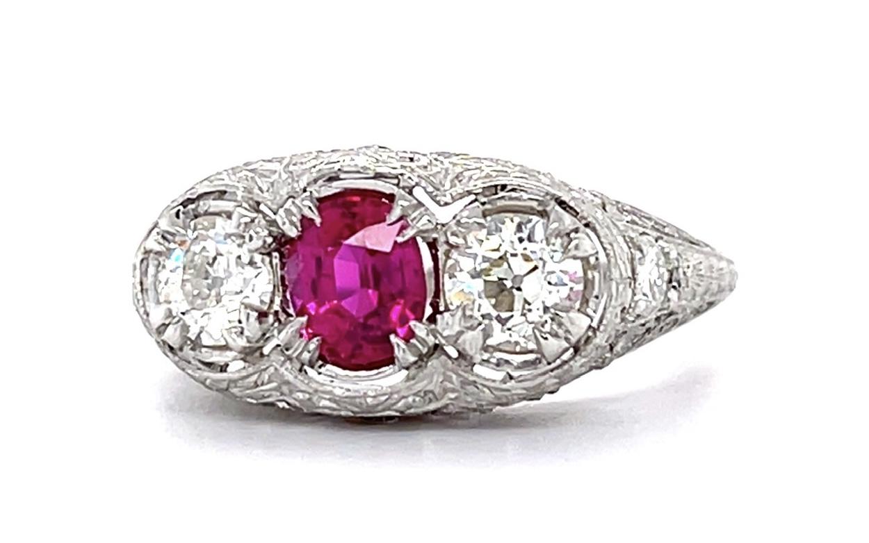 Art Deco .85ct Ruby .40ct (2 Old European Diamonds) PT Three Stone Ring