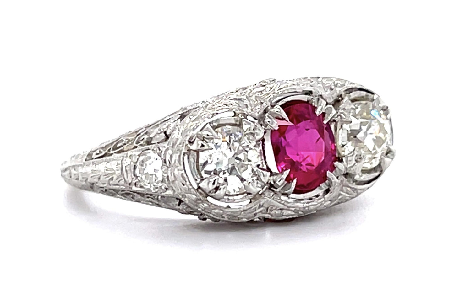 Art Deco .85ct Ruby .40ct (2 Old European Diamonds) PT Three Stone Ring