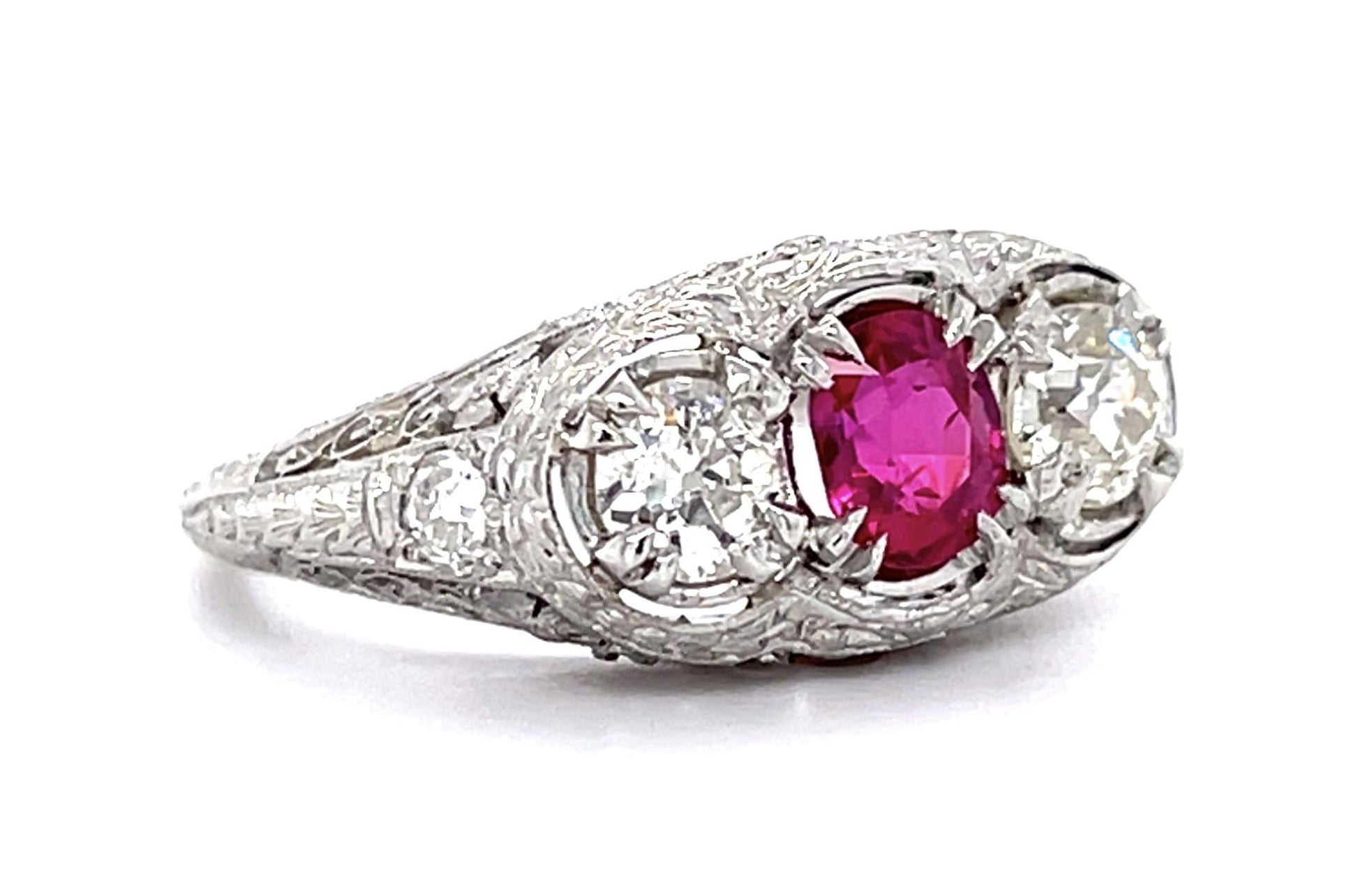 Art Deco .85ct Ruby .40ct (2 Old European Diamonds) PT Three Stone Ring