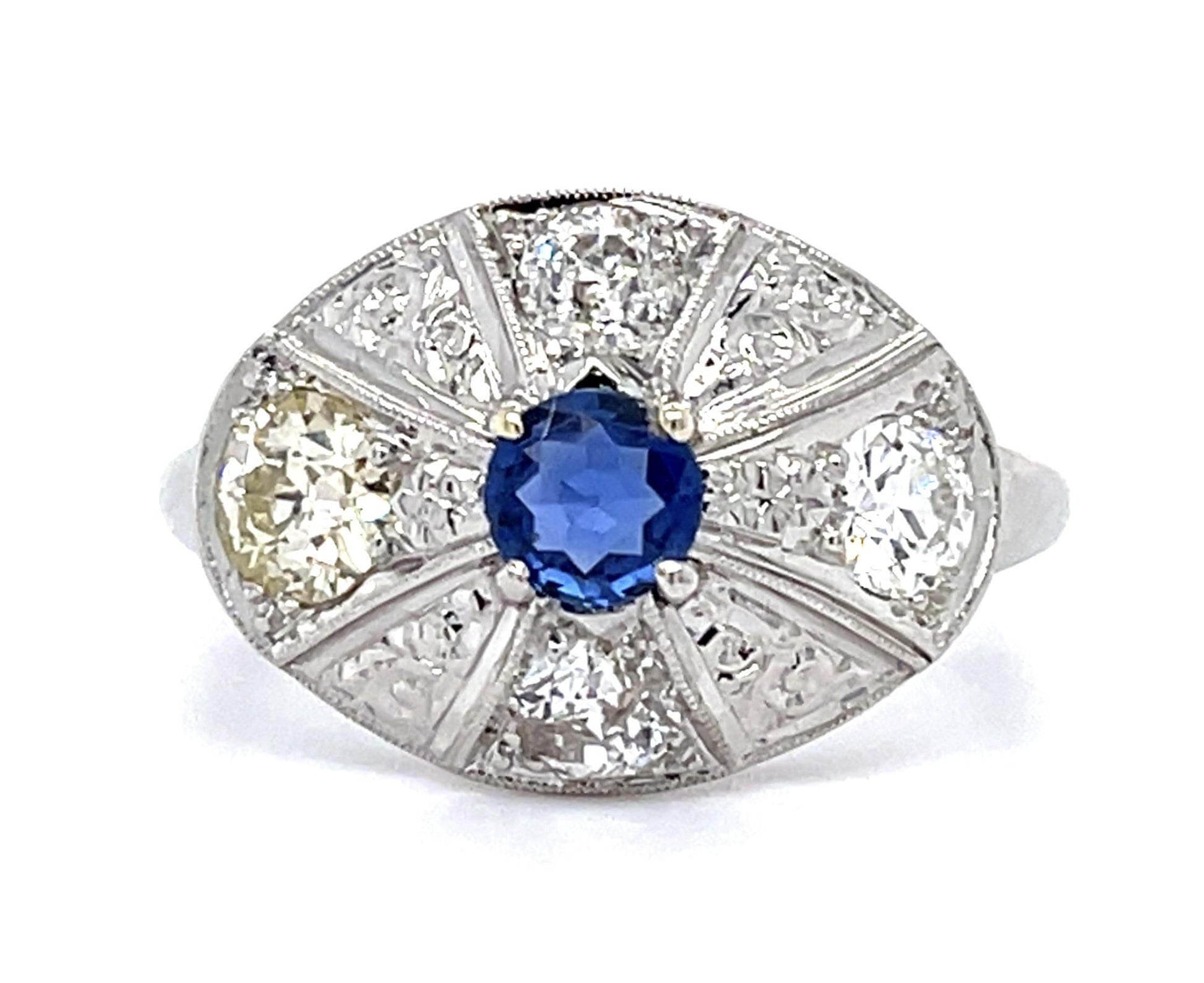 Art Deco .35ct Sapphire .86ct Old European Diamond Platinum Ring (Antique 1930s)
