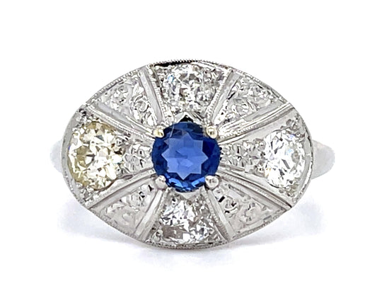 Art Deco .35ct Sapphire .86ct Old European Diamond Platinum Ring (Antique 1930s)