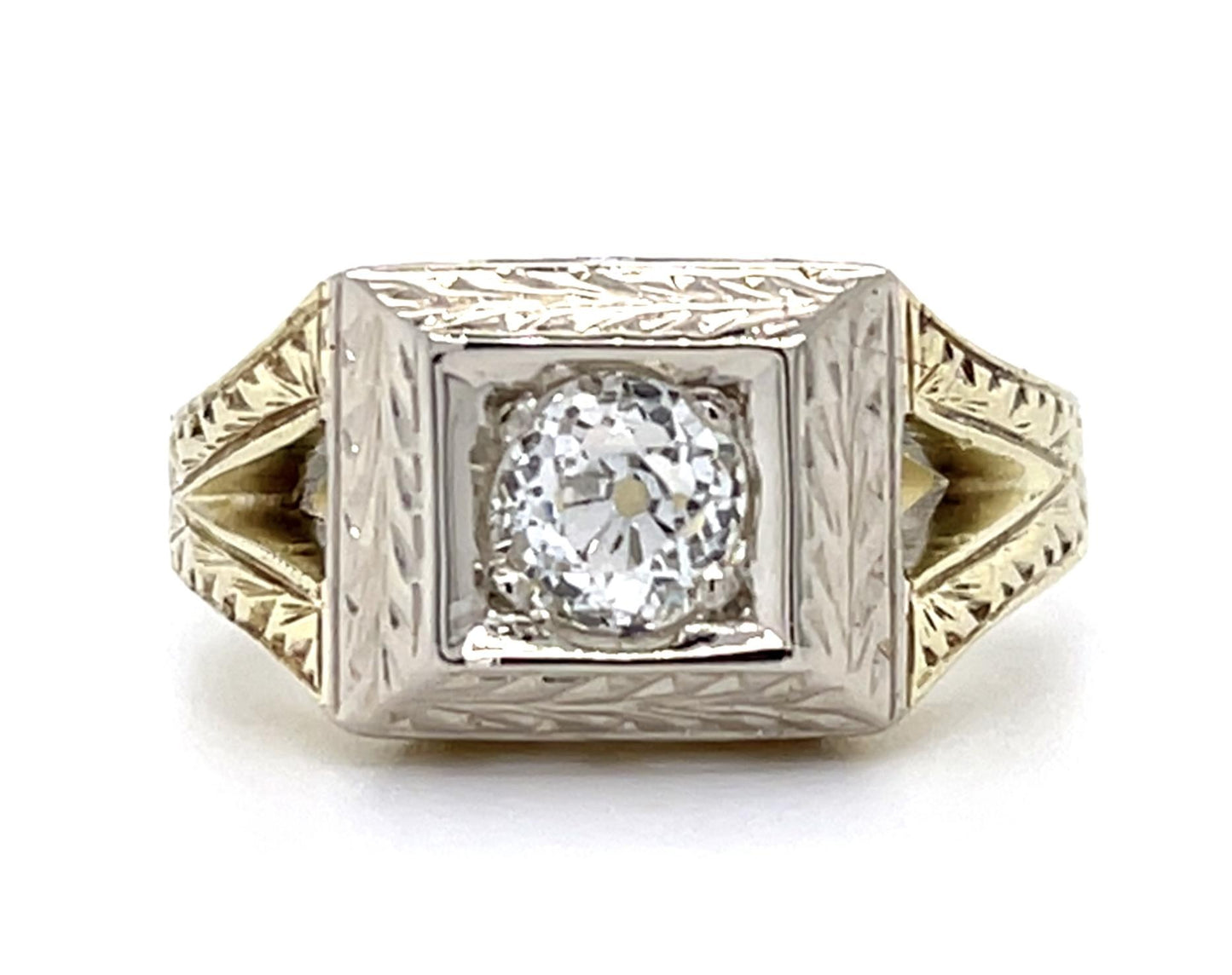 Art Deco .71ct G SI1 Old Mine Diamond (No Cert) 14K 2 Tone Ring (Vintage 1930s)