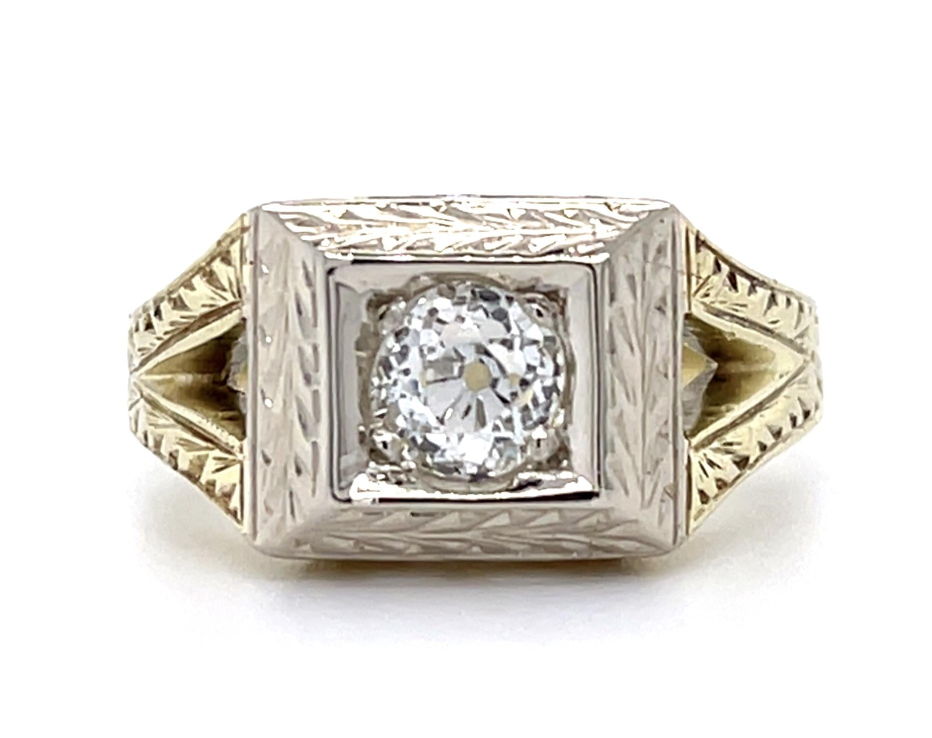 Art Deco .71ct G SI1 Old Mine Diamond (No Cert) 14K 2 Tone Ring (Vintage 1930s)