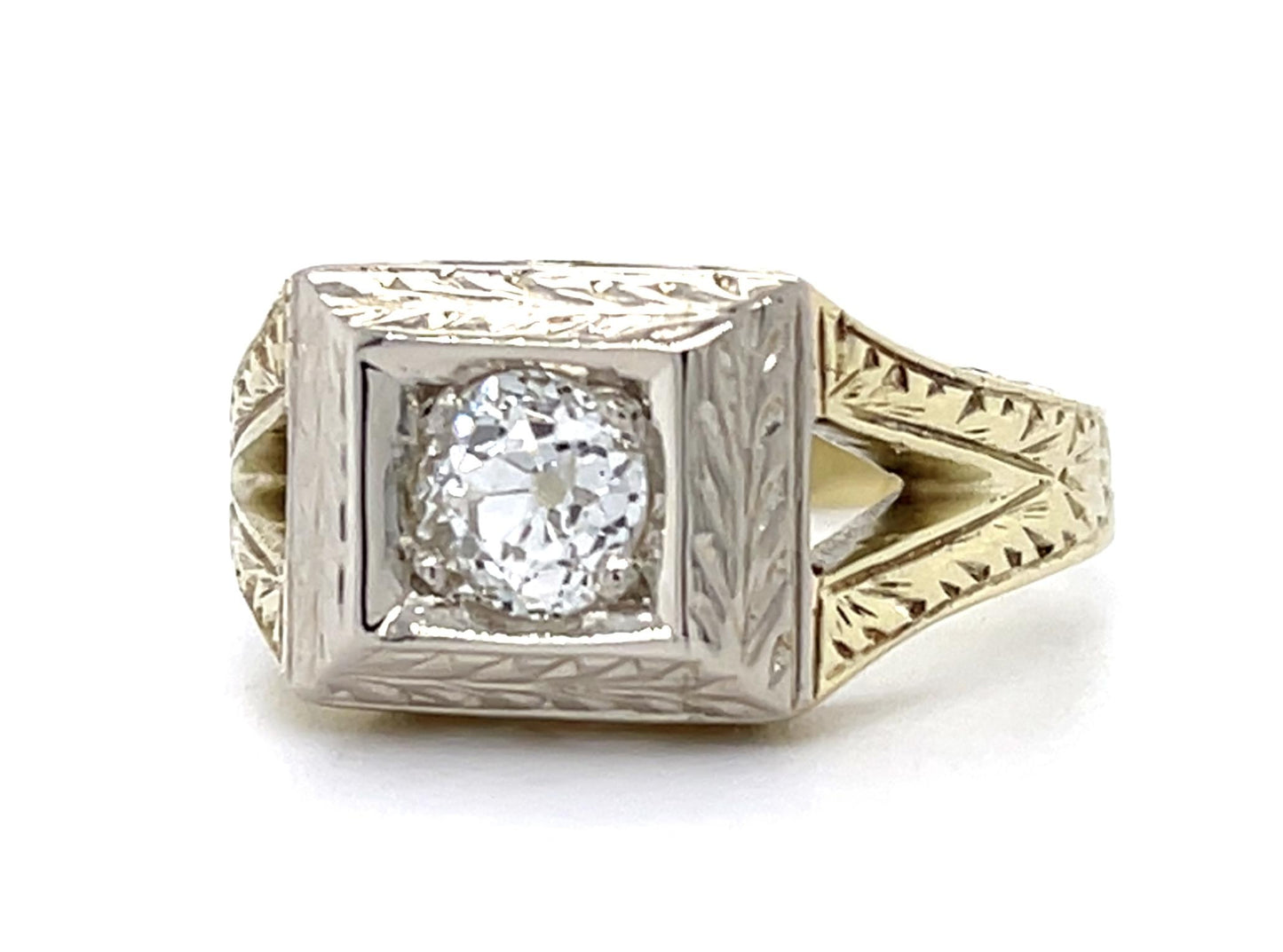 Art Deco .71ct G SI1 Old Mine Diamond (No Cert) 14K 2 Tone Ring (Vintage 1930s)