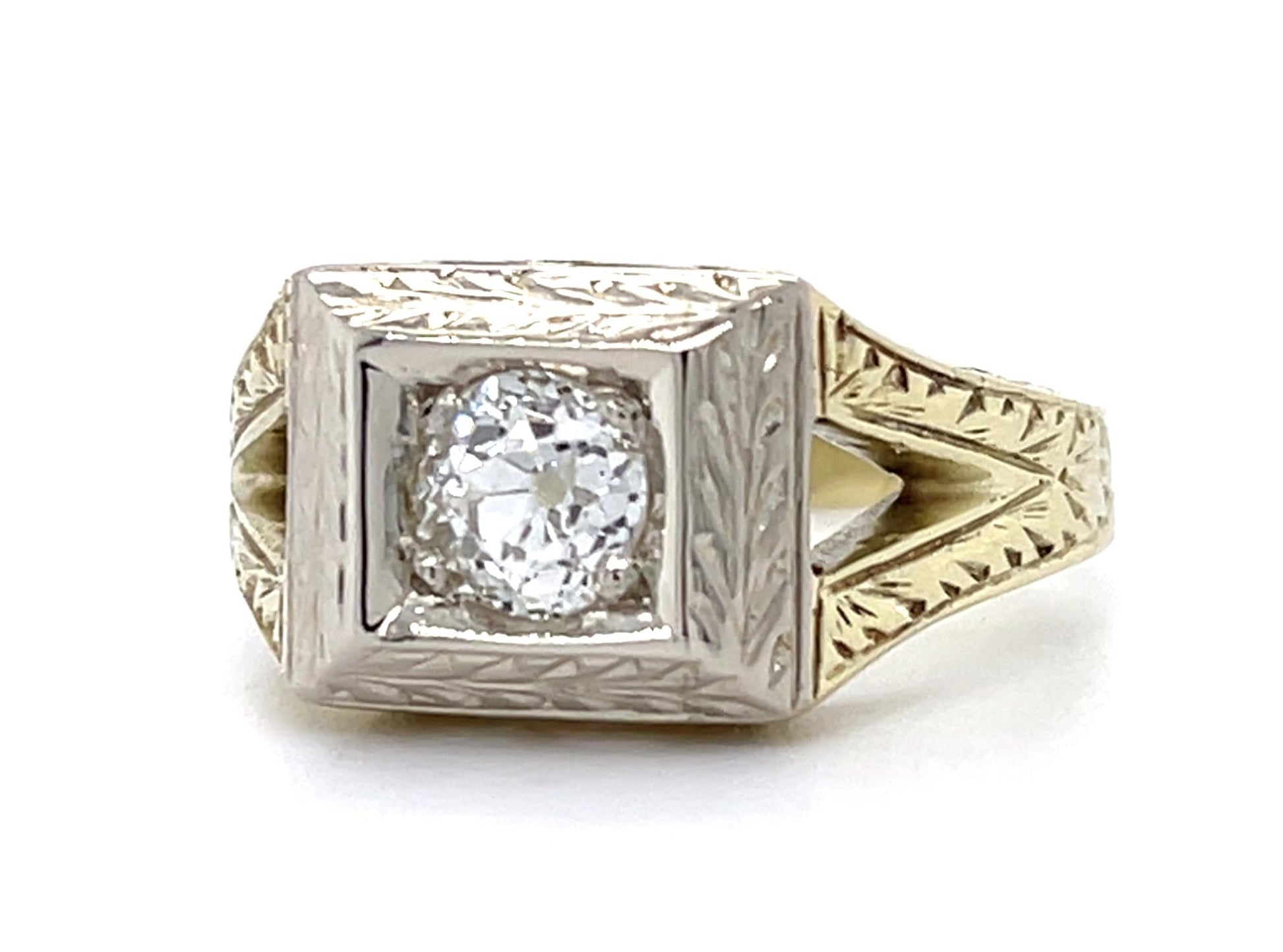 Art Deco .71ct G SI1 Old Mine Diamond (No Cert) 14K 2 Tone Ring (Vintage 1930s)