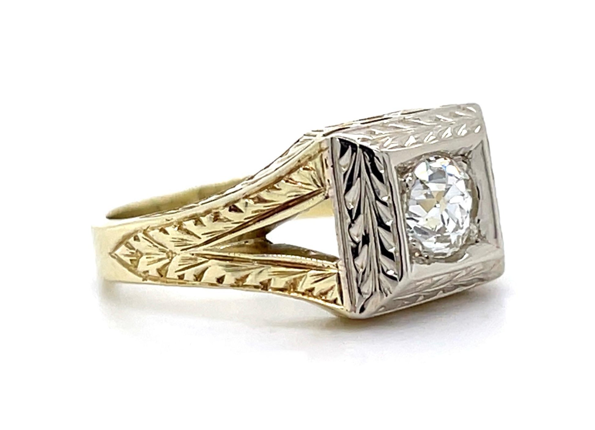 Art Deco .71ct G SI1 Old Mine Diamond (No Cert) 14K 2 Tone Ring (Vintage 1930s)