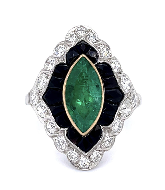 1.59ct Marquise Emerald 1.20ct Diamond French Onyx Platinum Handmade Ring 6.93g