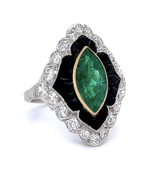 1.59ct Marquise Emerald 1.20ct Diamond French Onyx Platinum Handmade Ring 6.93g