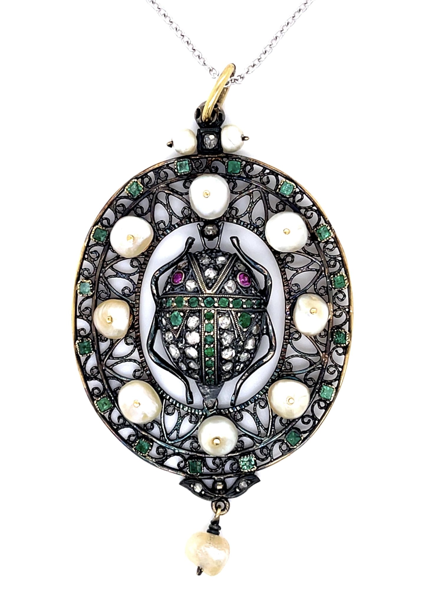 Victorian 1.25ct Emerald .70ct Diamond 5-6.5mm Natural Pearl 14KY Scarab Pendant