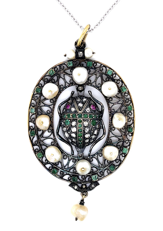 Victorian 1.25ct Emerald .70ct Diamond 5-6.5mm Natural Pearl 14KY Scarab Pendant