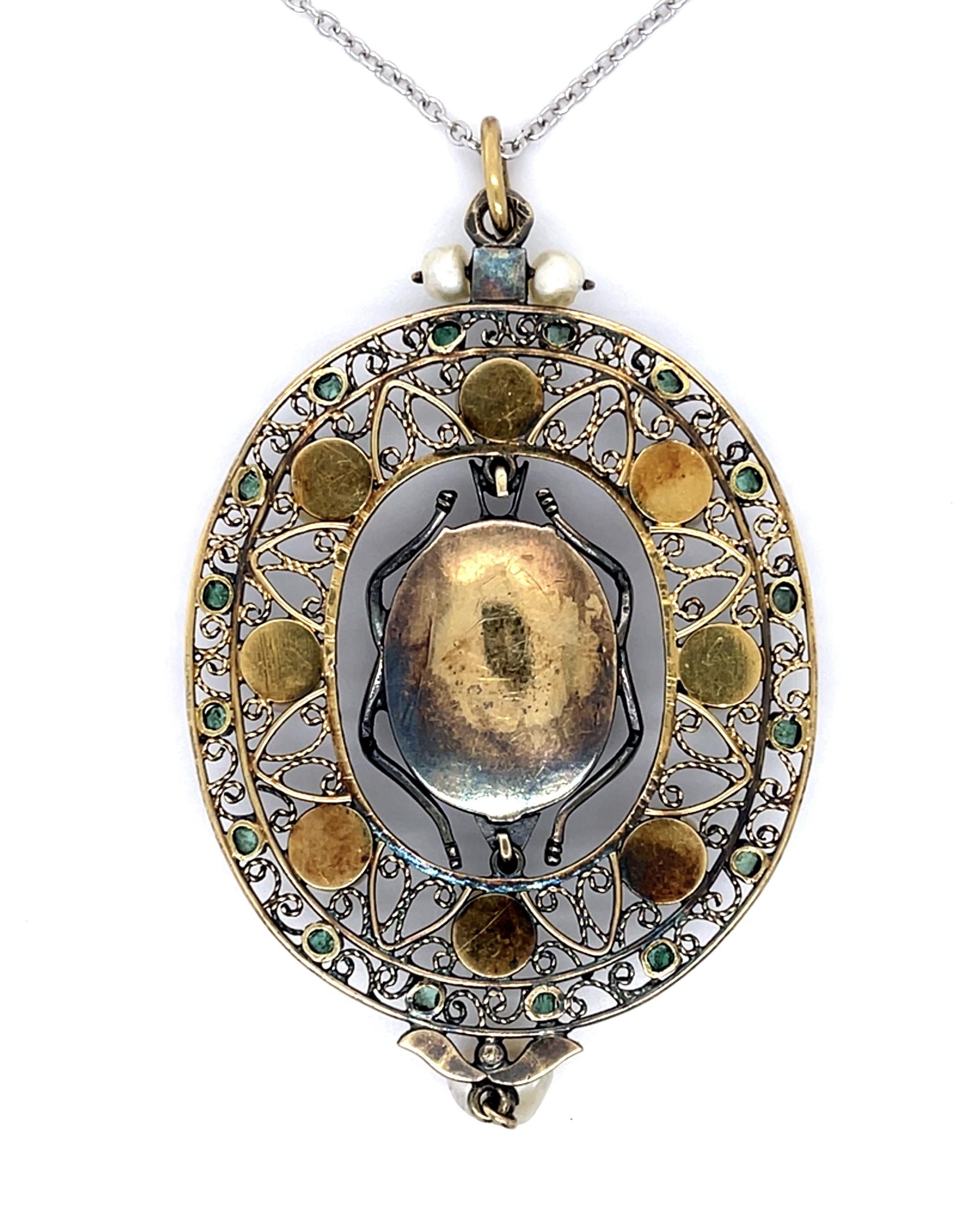 Victorian 1.25ct Emerald .70ct Diamond 5-6.5mm Natural Pearl 14KY Scarab Pendant