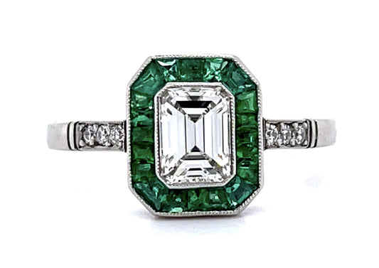 .74ct G VS1 Emerald-cut Diamond (No Cert) .68ct Emerald Platinum Handmade Ring
