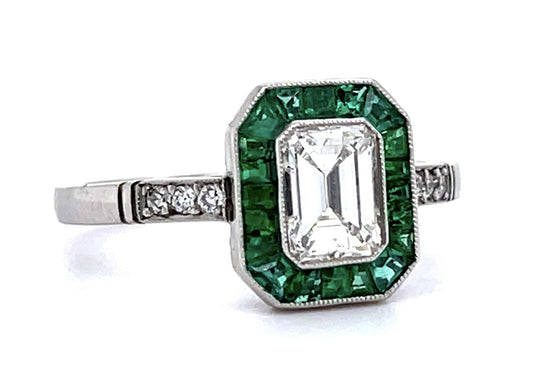 .74ct G VS1 Emerald-cut Diamond (No Cert) .68ct Emerald Platinum Handmade Ring