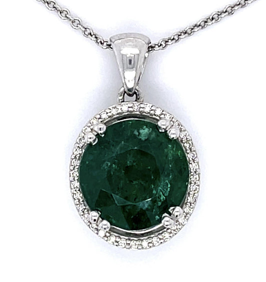5.96ct Emerald .13ct Diamond 14KW Estate Pendant 5.65g Length 16"