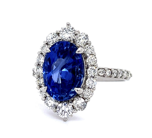 3.88ct Ceylon No Heat Oval Sapphire .80ct Diamond PT Ring