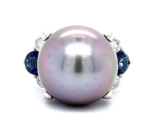 Estate  14.10ct Tahitian  Black Pearl &  1.04ctw Diamond Ring Circa 1980s Size 5