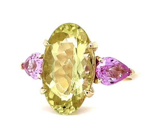 6.17ct Yellow Aquamarine 1.60ct Pink Sapphire 14KY Custom Made Ring
