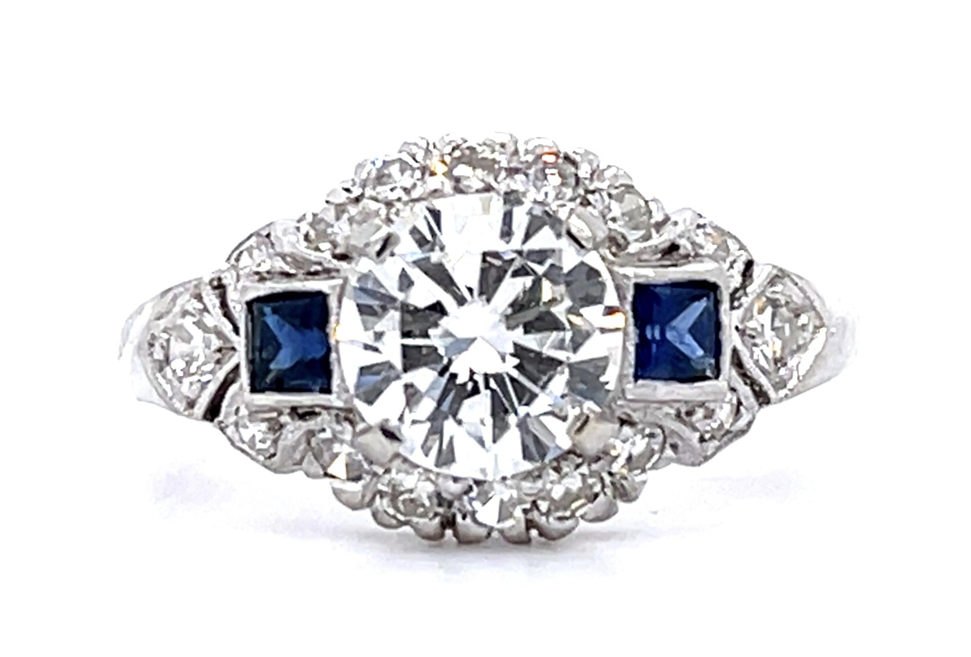 .96ct G SI1 Round Diamond .10ct Sapphire PT Ring .32ct SD