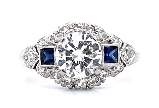 .96ct G SI1 Round Diamond .10ct Sapphire PT Ring .32ct SD