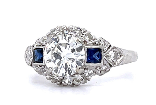 .96ct G SI1 Round Diamond .10ct Sapphire PT Ring .32ct SD